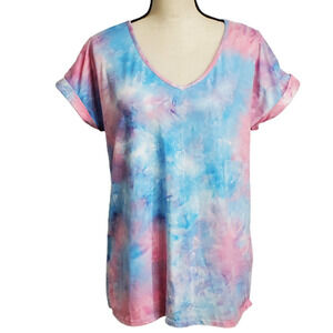 Pink Lily Tie-Dye V-Neck Cap Rolled Sleeve T Shirt